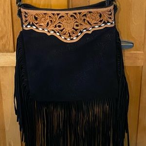 American Darling Black Embossed Fringe Bag